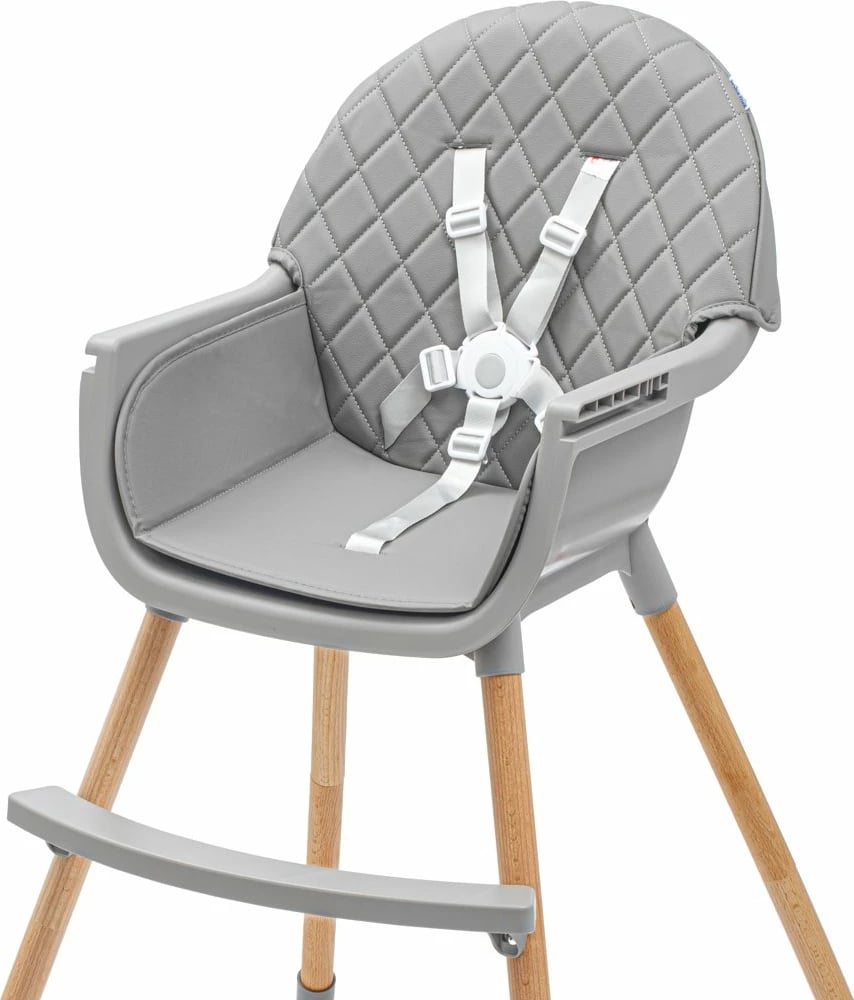 Karrige e lartë ushqimi për bebe Baby Mix Freja, tabaka e dyfishtë e rregullueshme, rrip 5‑pikësh, e kthyeshme në karrige të ulët, këmbë druri, gri e errët