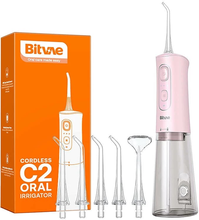 Irrigator oral Bitvae C2 portativ me grykë, 300 ml, rozë, set grykash