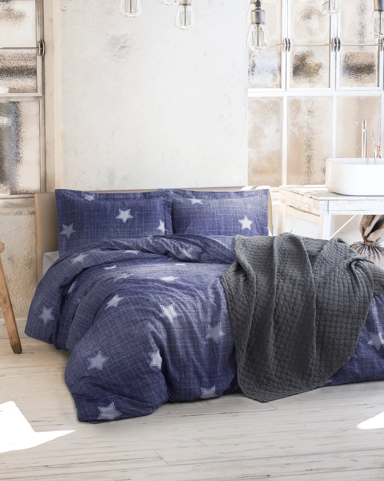 Set mbulesë për jorgan dopio Ranforce, L'essentiel, Tstar, ngjyrë kaltër e errët dhe e bardhë