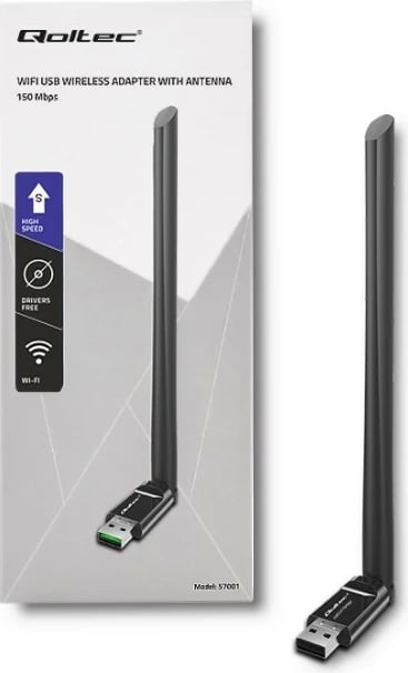 Adapter Wi-Fi USB Qoltec 57001 me antenë të jashtme, i zi