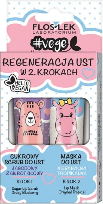 Set për kujdesin e buzëve Floslek Vege Lip Care, Berry Head Over Heels Scrub + Unconventional Tropical Lip Mask për femra, 2x14g