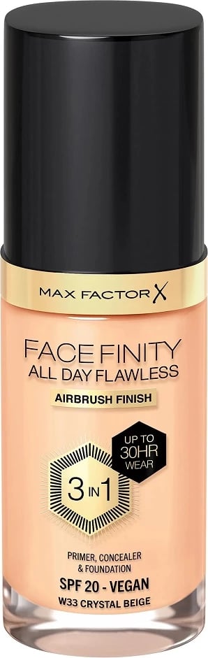 Fondatinë Max Factor Facefinity All Day Flawless 3-in-1 Liquid Foundation për femra W33 Crystal Beige 30ml