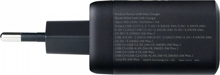 Karikues muri ADATA CHARGERE-0653-QCPDBK, 65W GaN, 2x USB-C, 1x USB-A, i zi