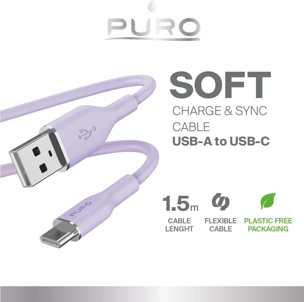 Kabllo USB-A në USB-C Puro Soft 1.5m, silikon, vjollcë Kabllo USB-A në USB-C Puro Soft 1.5m, silikon, vjollcë