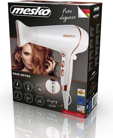 Tharëse flokësh, Adler Mesko, MS 2250, 2100W, 2 shpejtësi, 3 temperatura, Cold Shot, me koncentrator, e bardhë/rozë gold