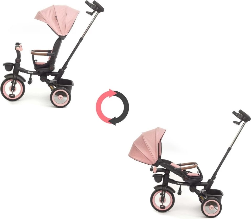 tricikël fëmijësh, Milly Mally Twinkle, sedilje rrotulluese 180°, timon prindëror i rregullueshëm, dritë LED, 12+ muaj, rozë