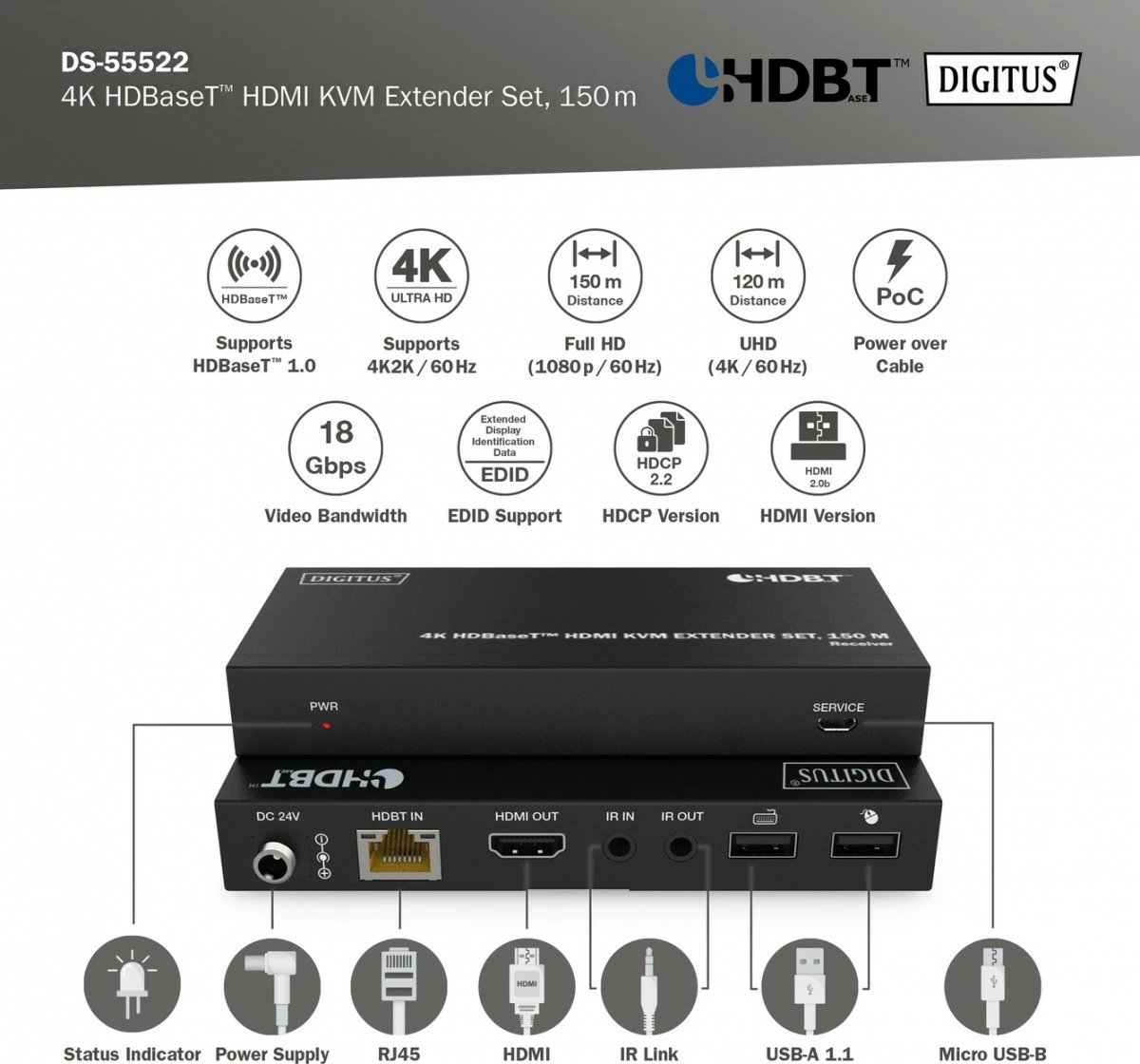 Set zgjatues HDMI Digitus DS-55522, HDBaseT, 4K 60Hz, 150m, me IR, PoC, i zi