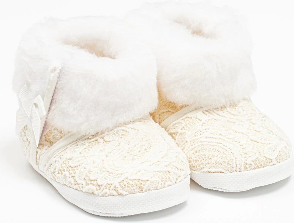 papuçe bebe dimri me dantellë, New Baby, 6-12 m, mbyllje me velcro, taban PVC pa BPA 12 cm, bejxhe