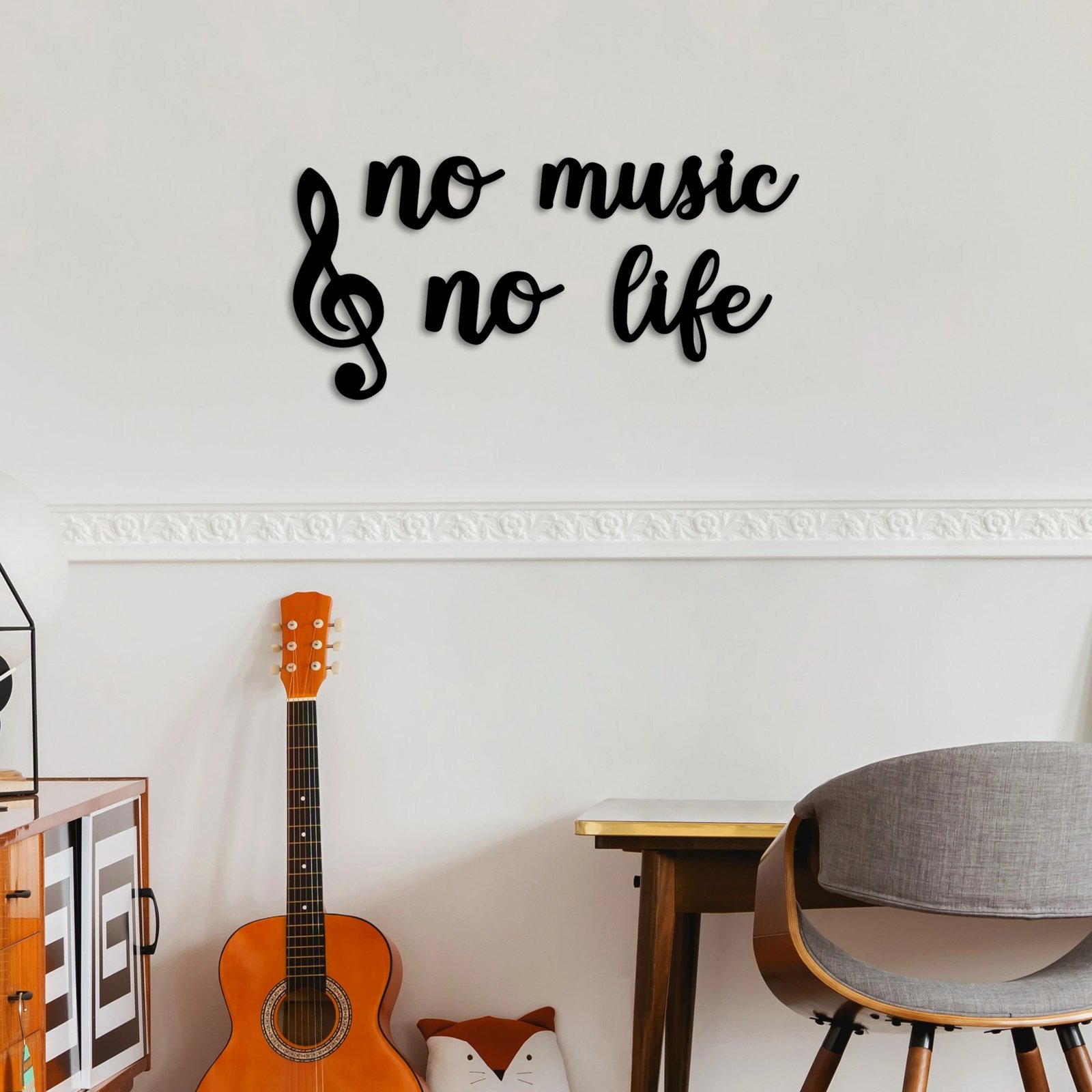 Aksesor dekorativ metalik për mur, Wallity, No Music No Life, ngjyrë e zezë, set me disa pjesë