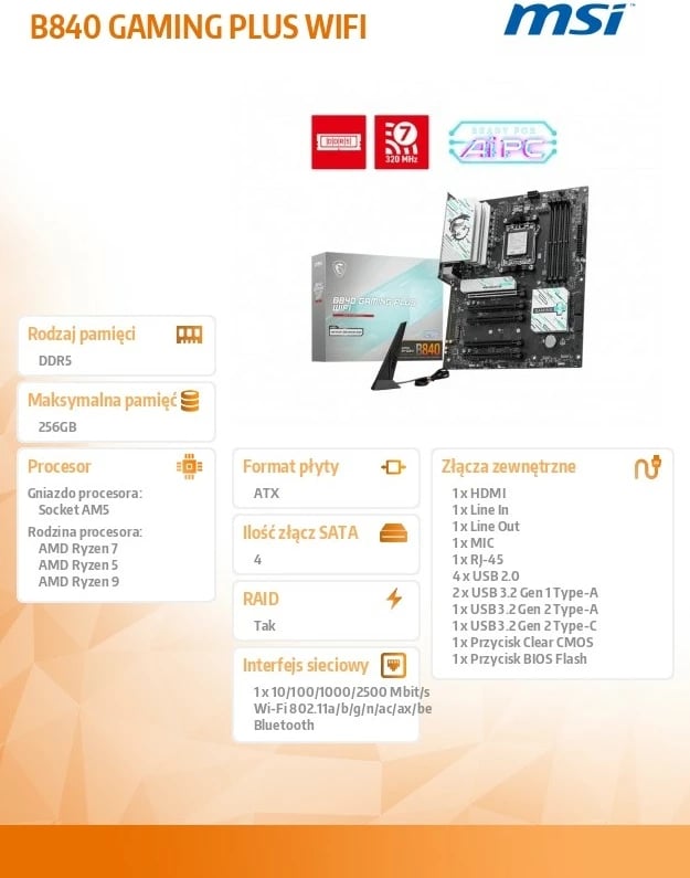 Pllakë amë MSI B840 GAMING PLUS WIFI, Socket AM5, DDR5, ATX, Wi-Fi 7