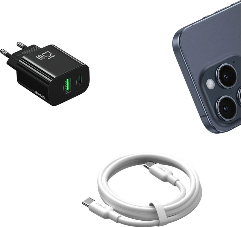 Karikues muri USAMS CC315 T65, 25W, 1xUSB-C, 1xUSB-A, i zi