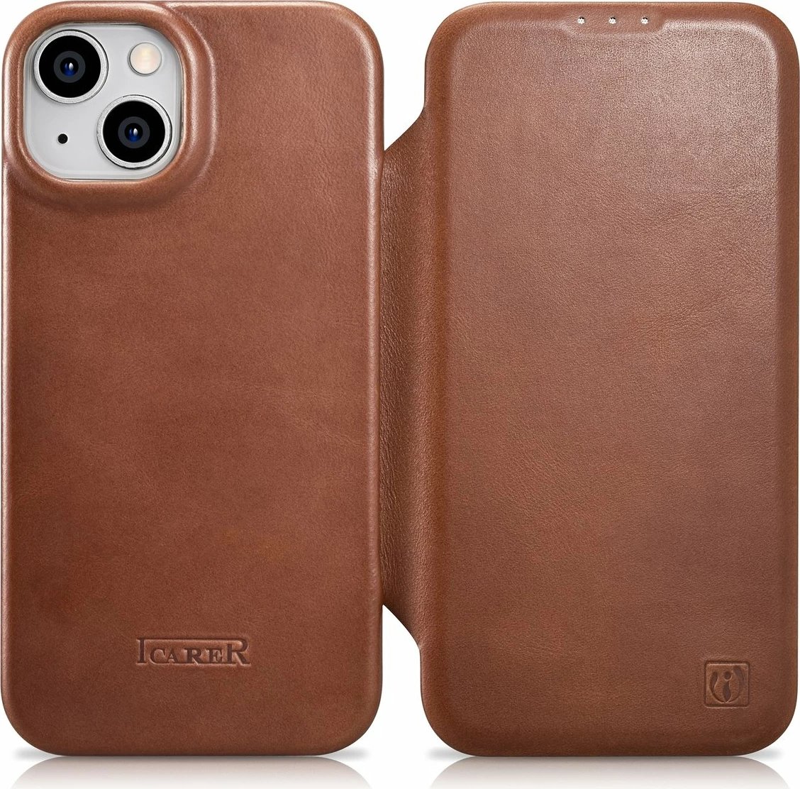 Mbështjellës iCarer Oil Wax Premium Leather Folio për iPhone 14 Plus, MagSafe, kafe