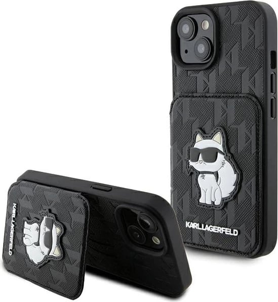 Mbështjellës Karl Lagerfeld Saffiano Cardslots & Stand Monogram Choupette për iPhone 15, i zi