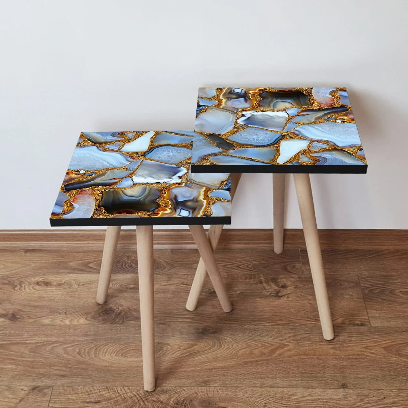 Set tavolinash ndihmëse, dizajn shumëngjyrësh, këmbë druri ahu, Skye Decor, 2 copë, 2Shp100