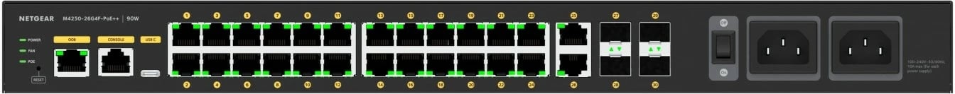 Switch Netgear M4250-26G4F-POE++ GSM4230UP-100EUS, 24x1GbE PoE++ (1440 W), 2x1GbE, 4xSFP, i zi