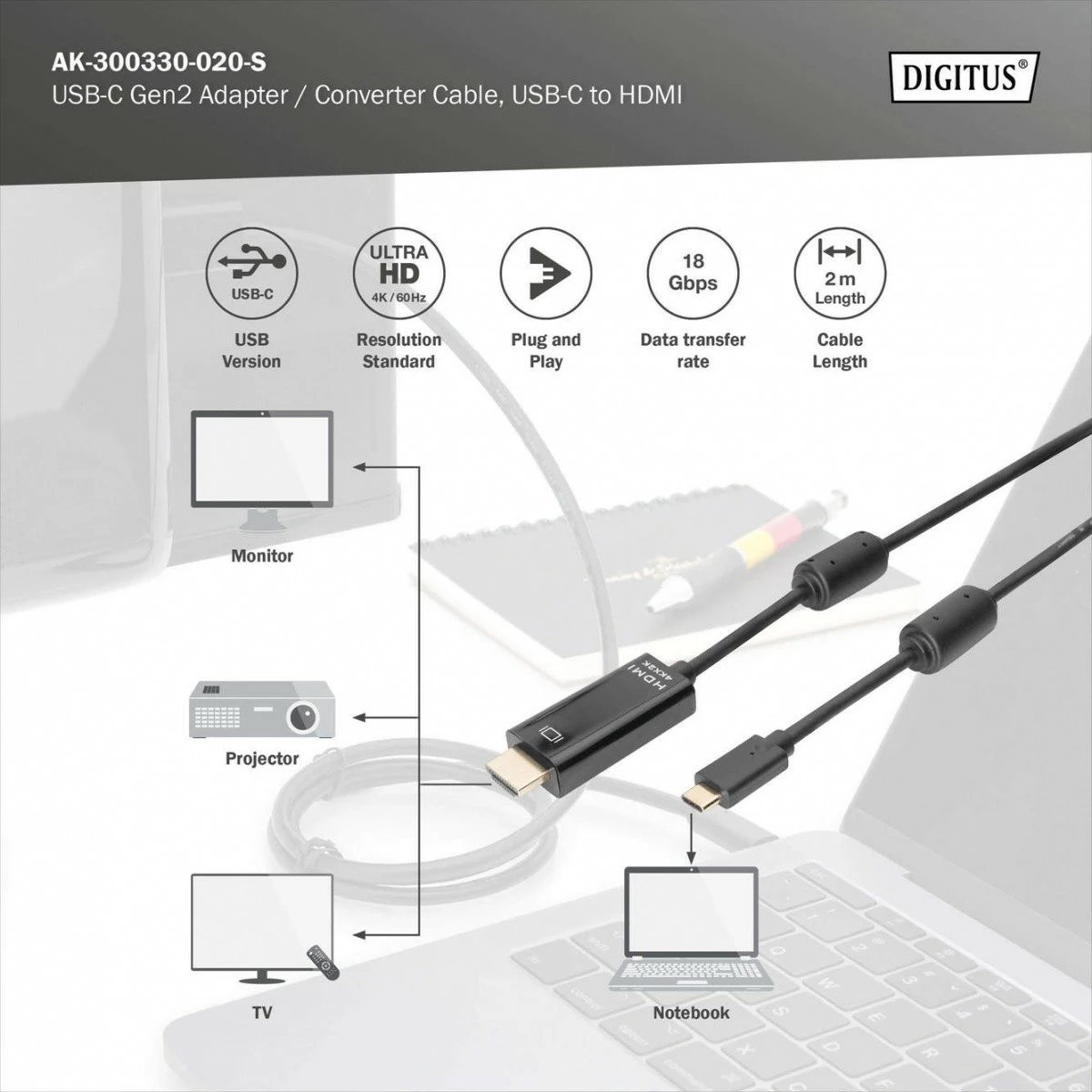 Kabllo Digitus USB Type-C në HDMI, 2m, 4K/60Hz, e zezë