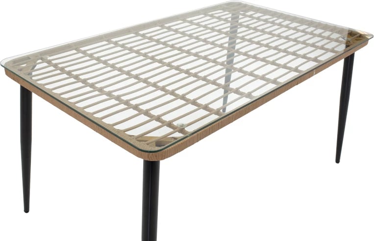 Tavolinë me karrige Naoki A set prej 5 copash ratan natyral-metal i zi-xham 160x90x78cm