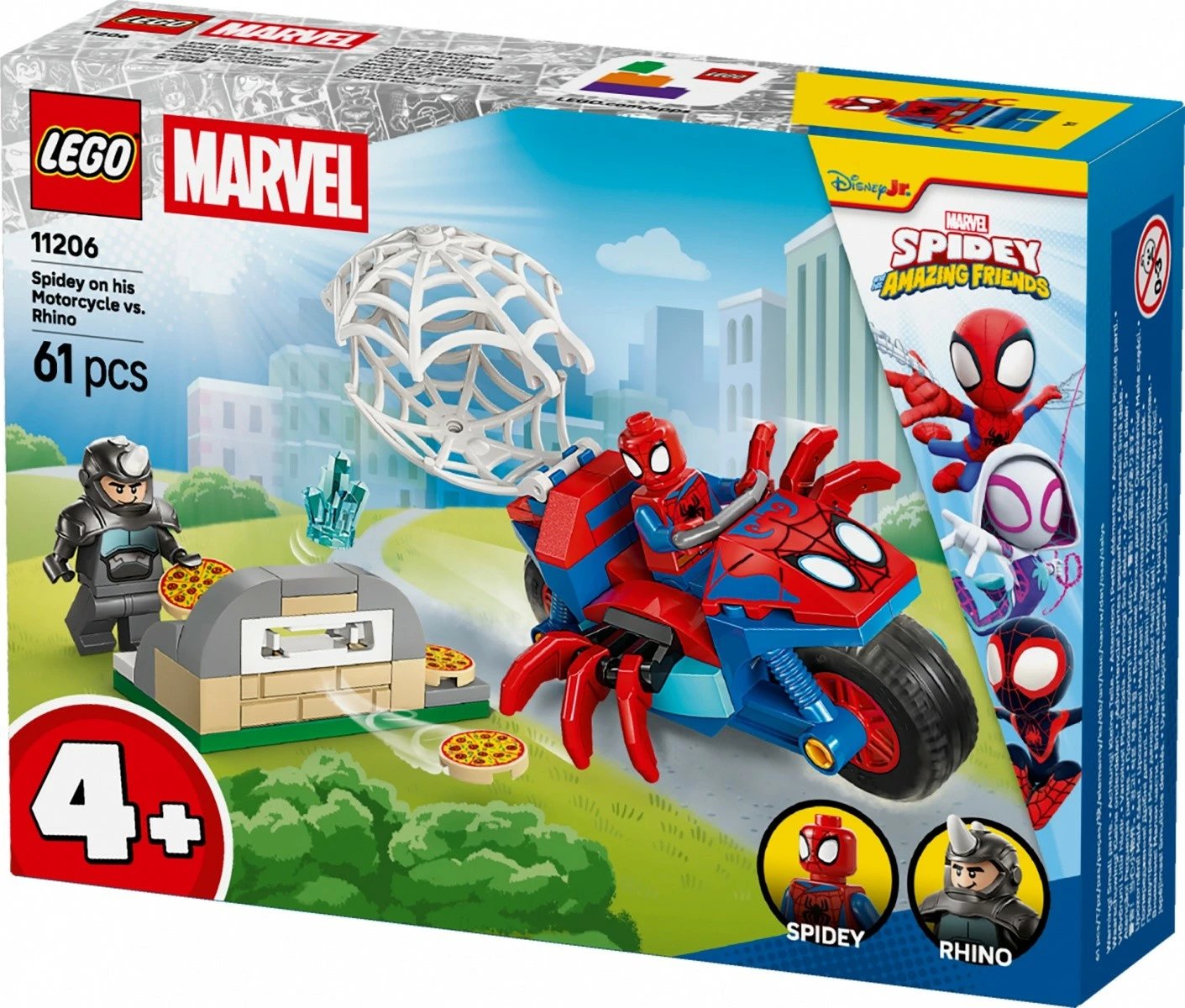 Set ndërtimi LEGO Marvel Spidey 11206, Spidey në motor kundër Rhino, 61 pjesë, 4+, set i vogël