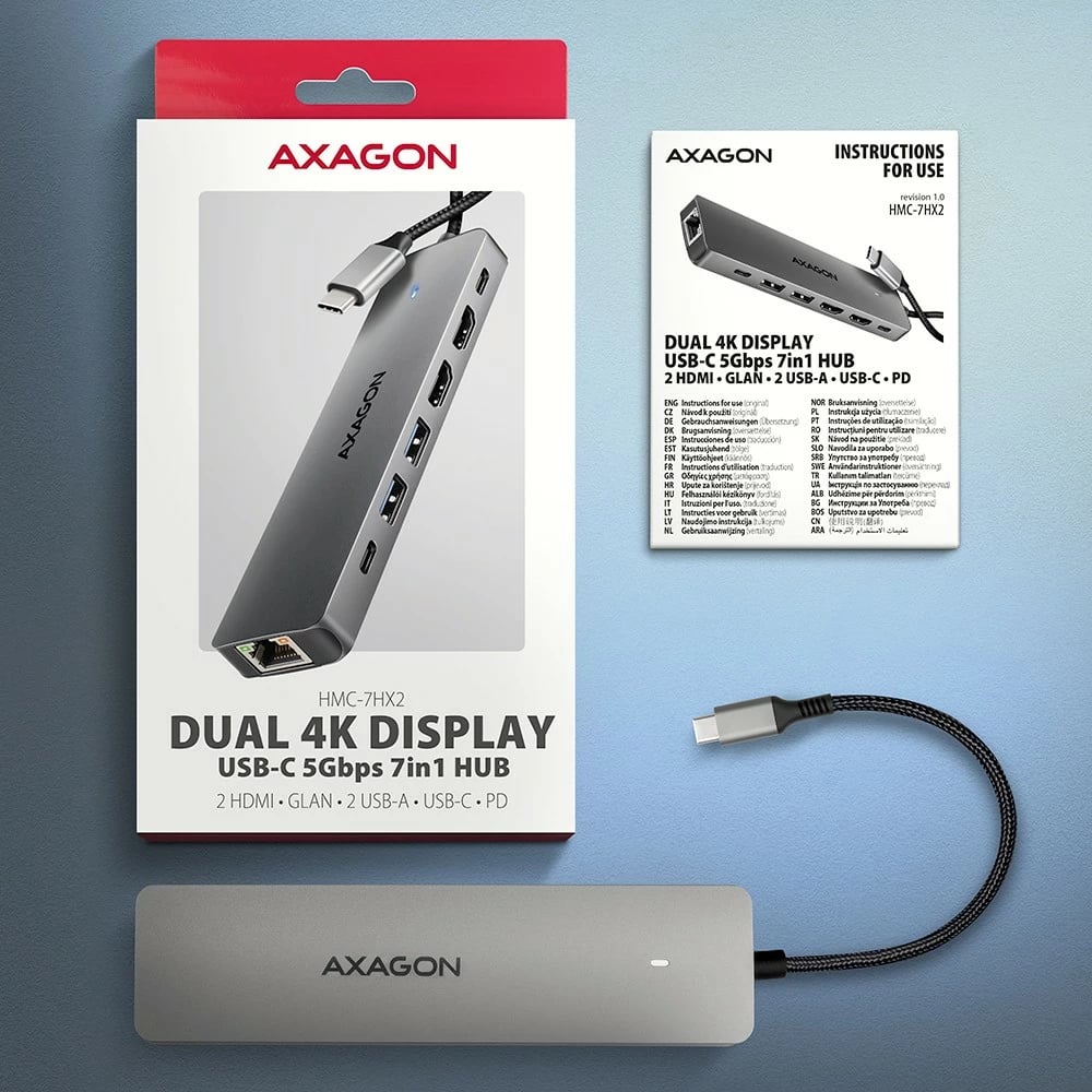 Multiport hub AXAGON HMC-7HX2, 7-në-1, 2x HDMI 4K/60Hz, 2x USB-A, 1x USB-C, GLAN, PD 100W, Gri