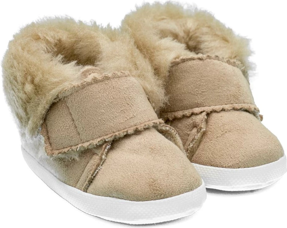 Papuçe bebe dimri, New Baby, 0-3 m, me pelush dhe mbyllje me shul, taban PVC i hollë, kafe e çelët