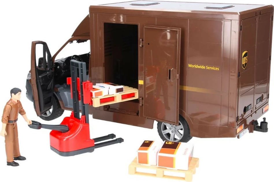 Set lodër furgon Mercedes-Benz Sprinter UPS, BRUDER 02678, shkalla 1:16, me figurë shoferi, karrocë dore dhe paleta, kafe