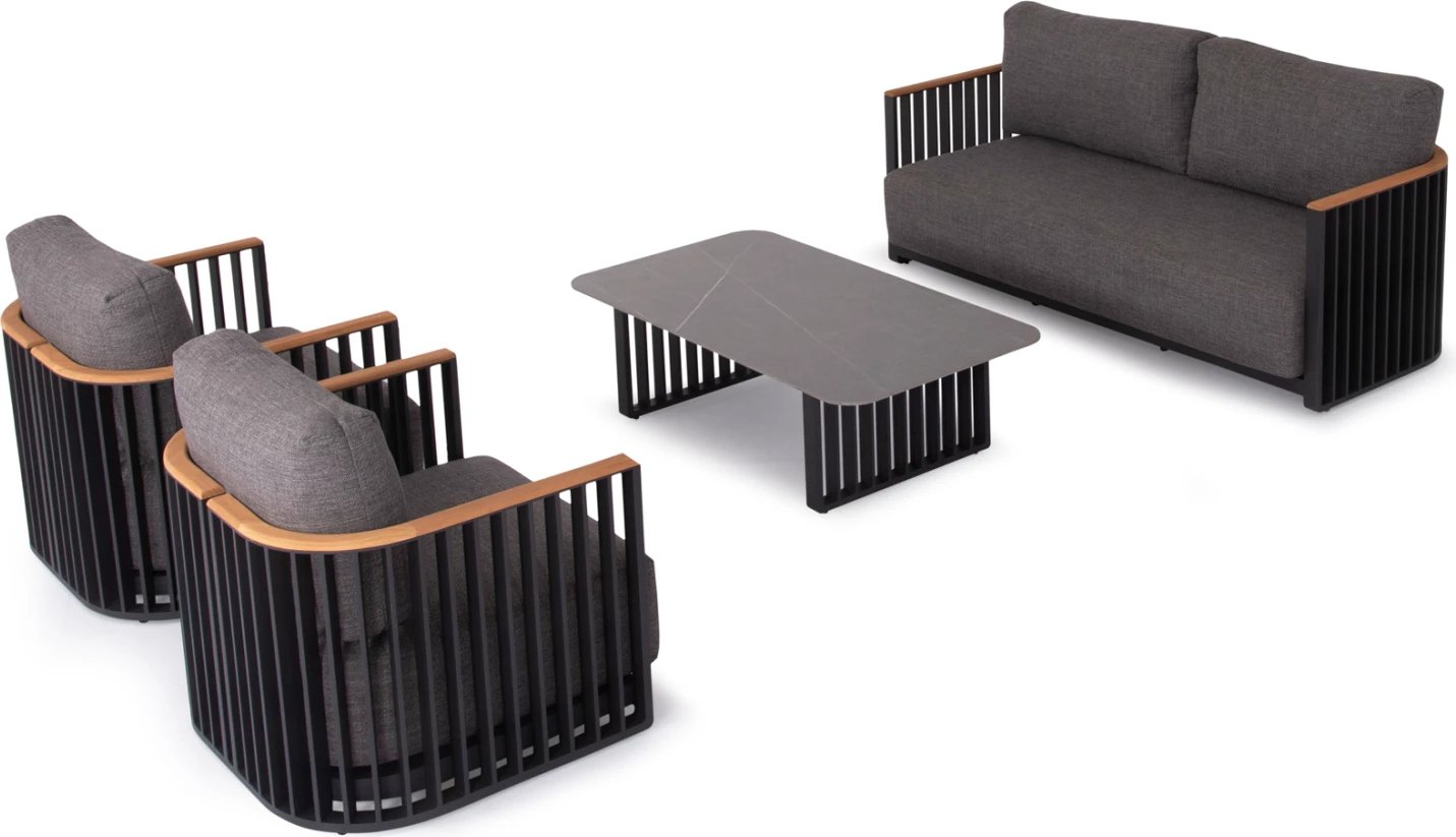 Set lounge për jashtë, 4 pjesë, seria Eternity, alumin anthracite, sipërfaqe guri sinterizuar, ngjyrë gri e errët