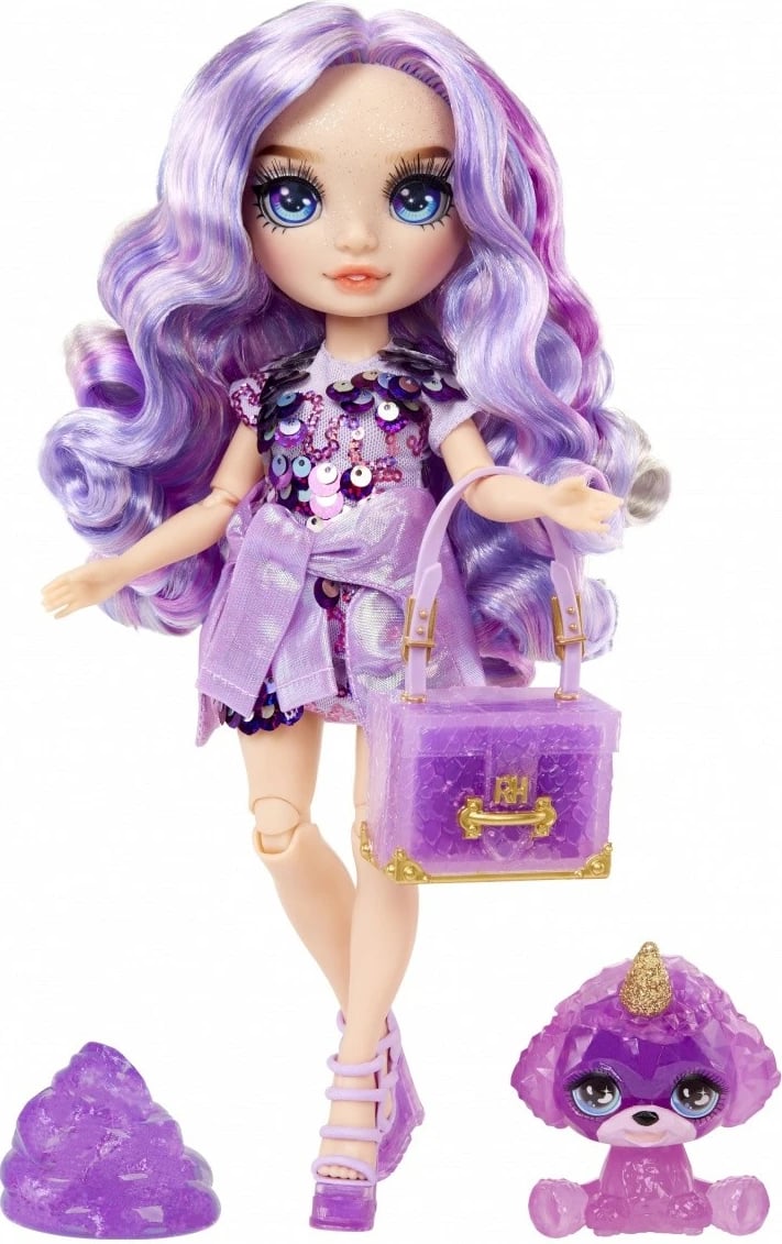 Kukull Rainbow High MGA Violet Willow, set me slime dhe kafshë magjike, vjollcë
