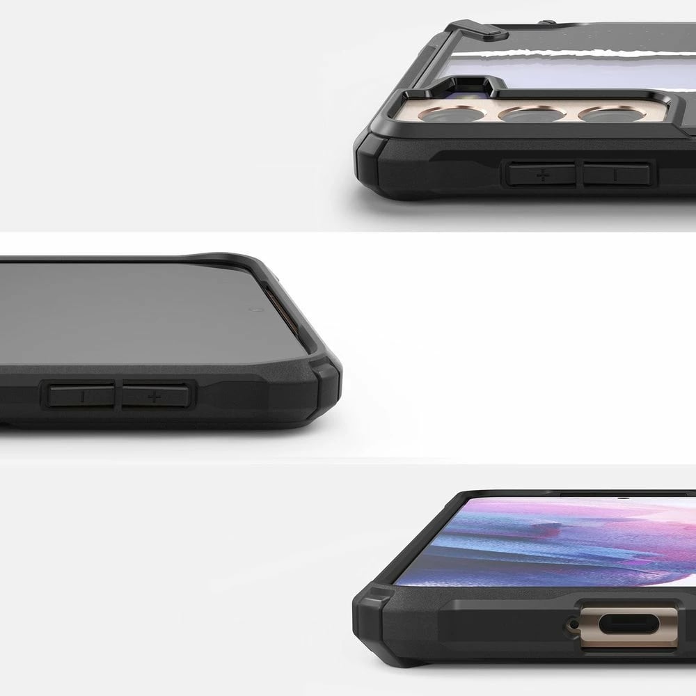 Mbështjellës Ringke Fusion X Design për Samsung Galaxy S21+ 5G, i zi, transparent, me detaje të verdha
