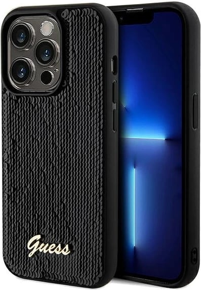 Mbështjellës Guess Sequin Script Metal për iPhone 14 Pro, i zi Mbështjellës Guess Sequin Script Metal për iPhone 14 Pro, i zi