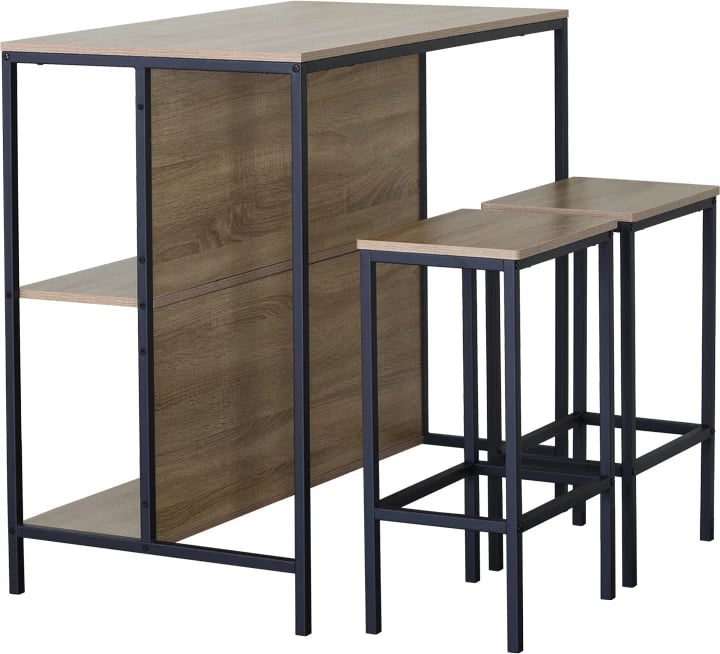 Set tavolinë me karrige për bar, ngjyrë lisi me metal të zi, Bailon, 100x60x95cm