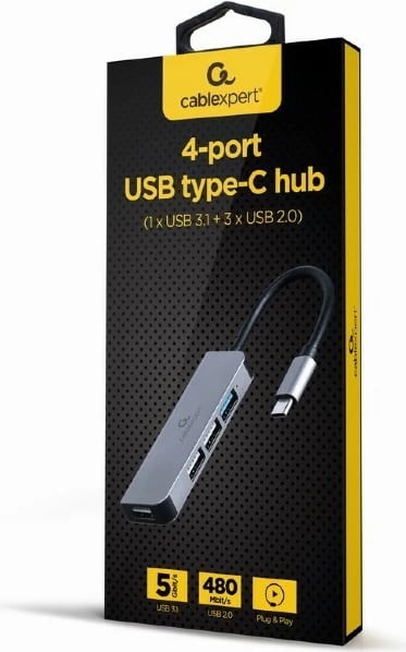 USB-C Hub Gembird UHB-CM-U3P1U2P3-01, 4 porta, 3x USB 2.0, 1x USB 3.1, zi/argjendtë