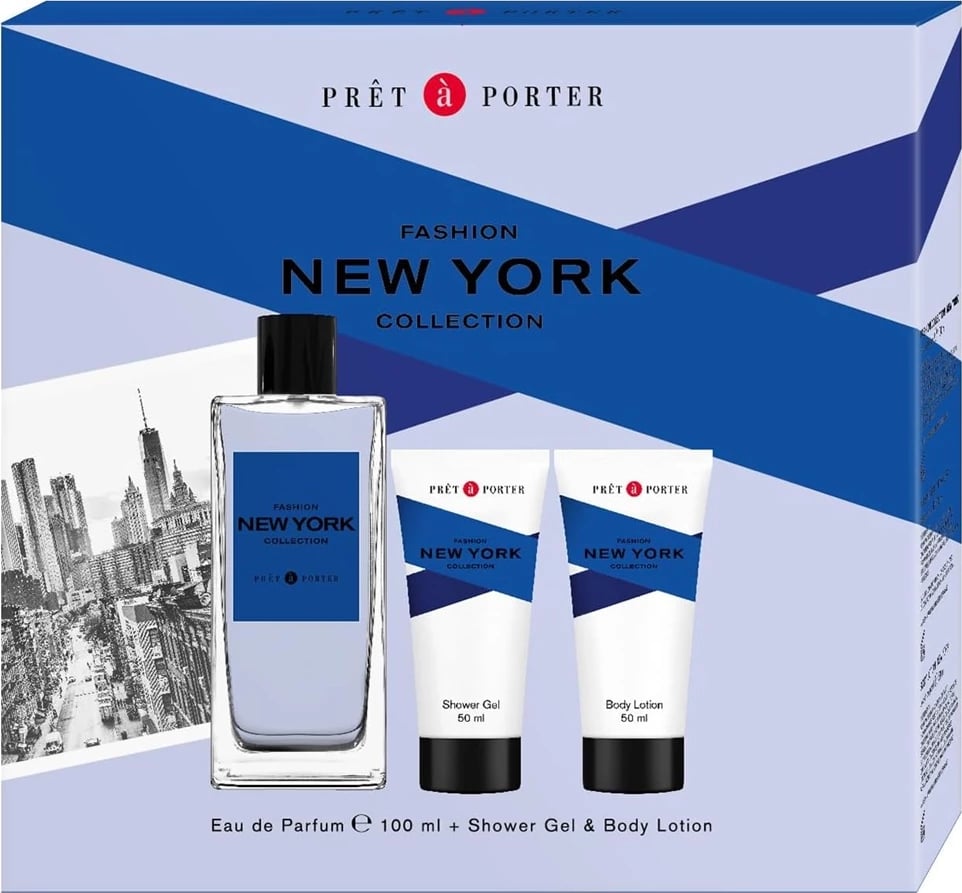 Set Eau de Parfum për meshkuj Coty Pret A Porter New York, 100ml + balsam trupi 50ml + xhel dushi 50ml