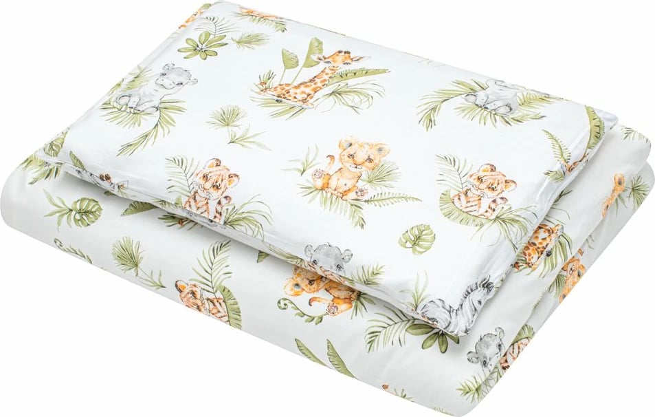komplet shtroje bebi, New Baby, Jungle, 100x135 cm jorgan + 40x60 cm jastëk + mbrojtëse 31x175 cm, pambuk 100%, e bardhë me print Jungle, set 3-pjesësh