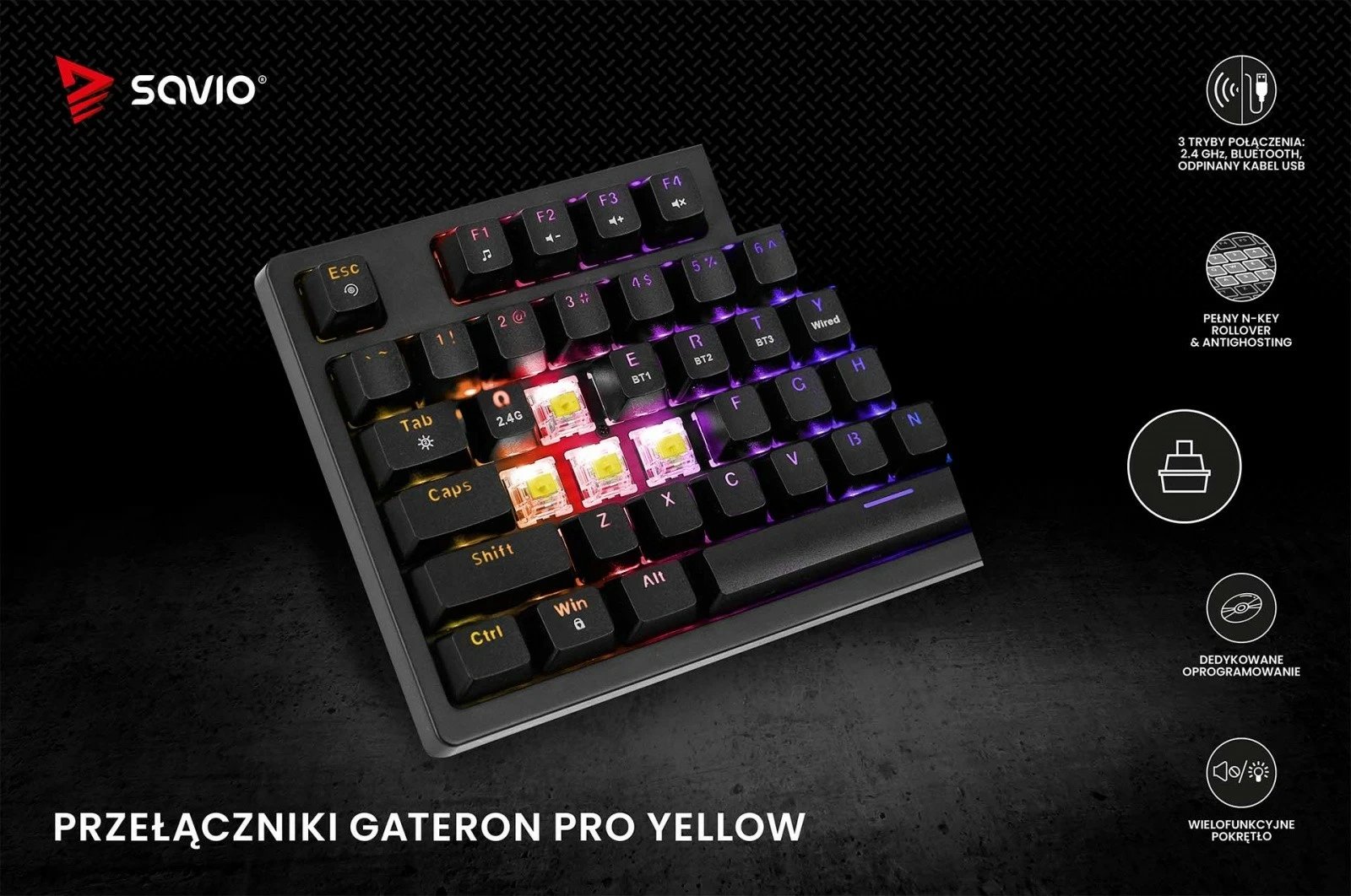 Tastierë mekanike wireless Savio Phenix, Gateron Red Pro, 82 taste, RGB, e zezë Tastierë mekanike wireless Savio Phenix, Gateron Red Pro, 82 taste, RGB, e zezë