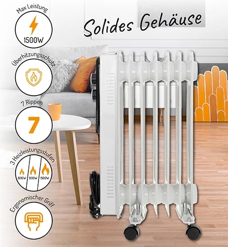 Radiator me vaj, Adler, 7815, 1500W, 7 brinjë, 3 nivele ngrohjeje, i bardhë