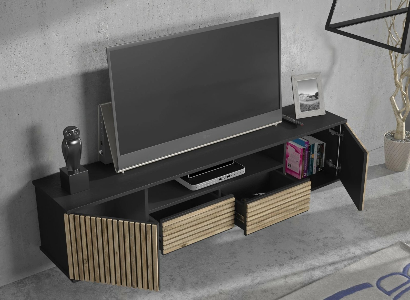 Komodë TV Hanah Home, FRN-9000, ngjyrë druri, e zezë, Atlantic Pine, 180x55x35cm