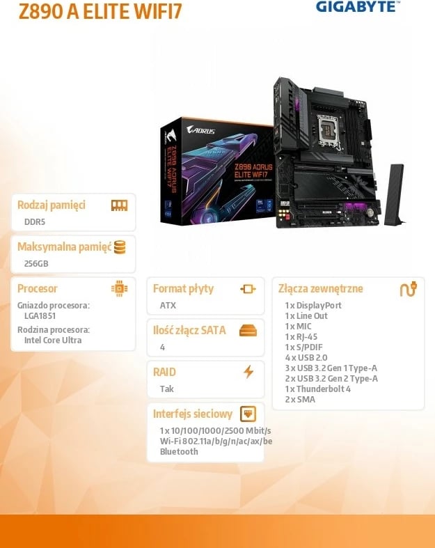 Pllakë amë Gigabyte Z890 A ELITE WIFI7, ATX, DDR5, Wi-Fi 7, Chipset Intel Z890, E zezë