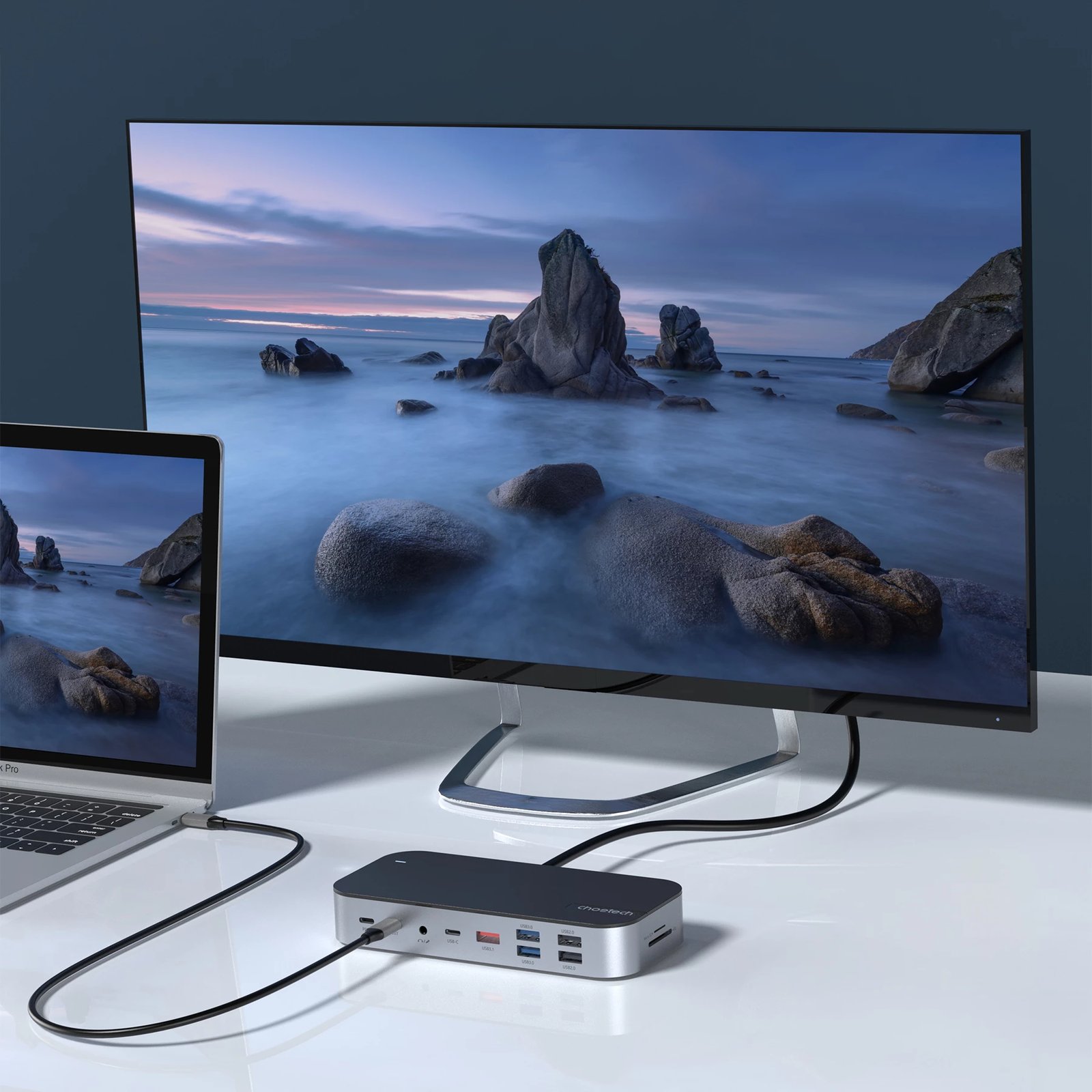 Kasë Choetech HUB-M52, USB-C, HDMI, VGA, DP, SD, RJ45, Gri