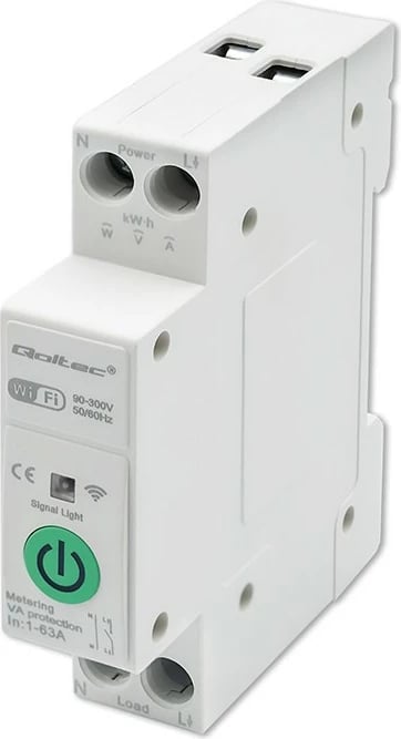 Relé Wi-Fi Qoltec 50881 për shina DIN, matës energjie, 63A, e bardhë