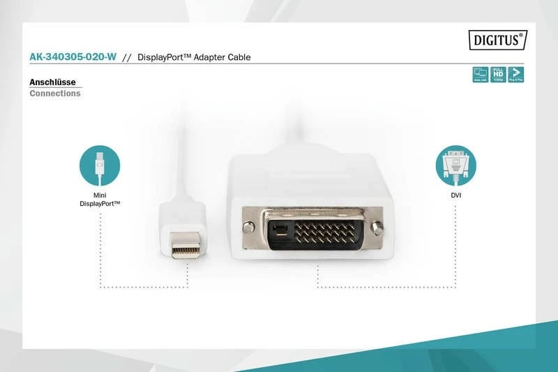 Kabllo adapter Digitus AK-340305-020-W, Mini DisplayPort në DVI-D (24+1), 2m, Bardhë