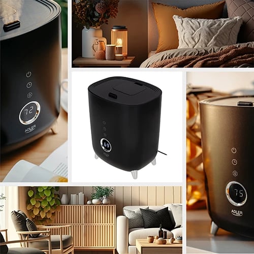 Lagështues ultrasonik, Adler, AD 7972, depozitë 4L, kapacitet 150-300 ml/orë, zonë deri 35 m2, ekran LED me touch, timer, aromaterapi, i zi