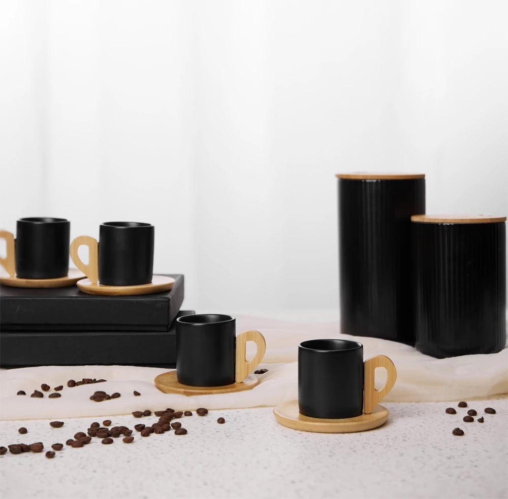 Set filxhanësh espresso Nordic, 6 copë, porcelan i zi, bambu natyral, 29x21x7cm