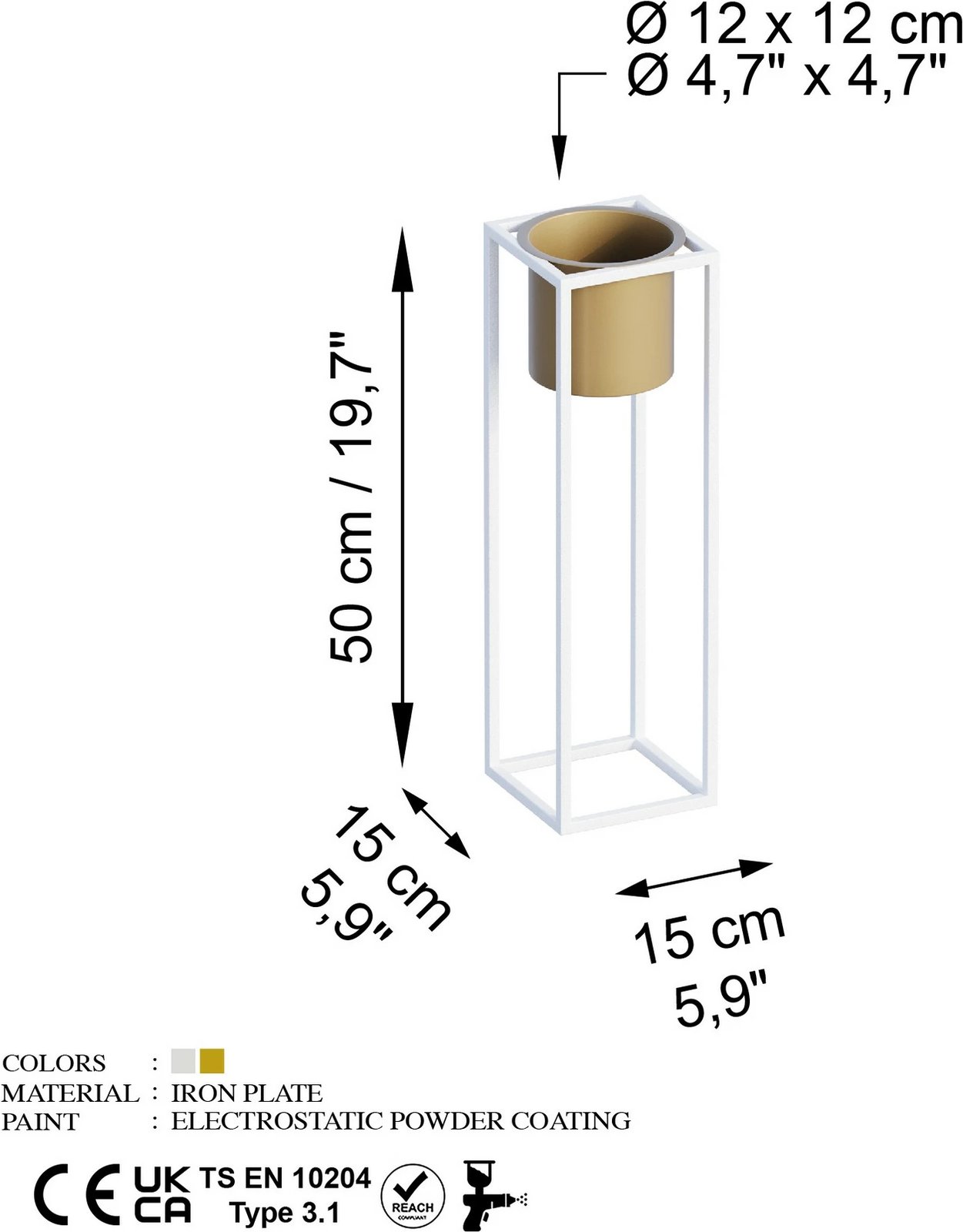 Vazo dekorative Aberto Design, GED-023-C, e bardhë dhe e artë, metal, 15x50x15cm