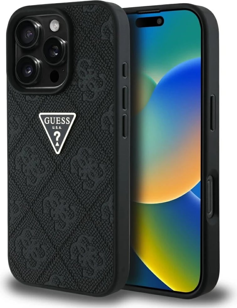 Mbështjellës Guess Hot Stamp 4G Pattern Triangle Metal Logo për iPhone 16 Pro, i zi