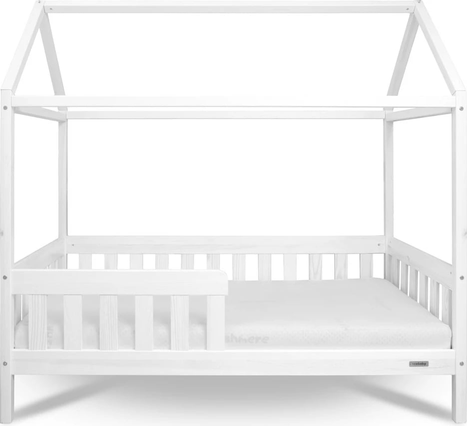 krevat fëmijësh shtëpizë, New Baby CASTELLO, 160x80 cm, gardh mbrojtës dhe dysheme me leta elastike, dru pishe, i bardhë