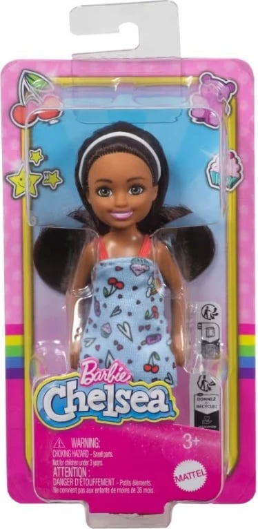 Kukull Barbie Chelsea Mattel DWJ33/HXM97, 15 cm, fustan kaltër, flokë kafe