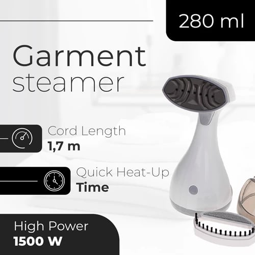 Hekur me avull rrobash, Adler, AD 5042, 1500W, 27 g/min, depozitë 280 ml, ngrohje 30s, kabllo 1.7 m, me furçë, e bardhë