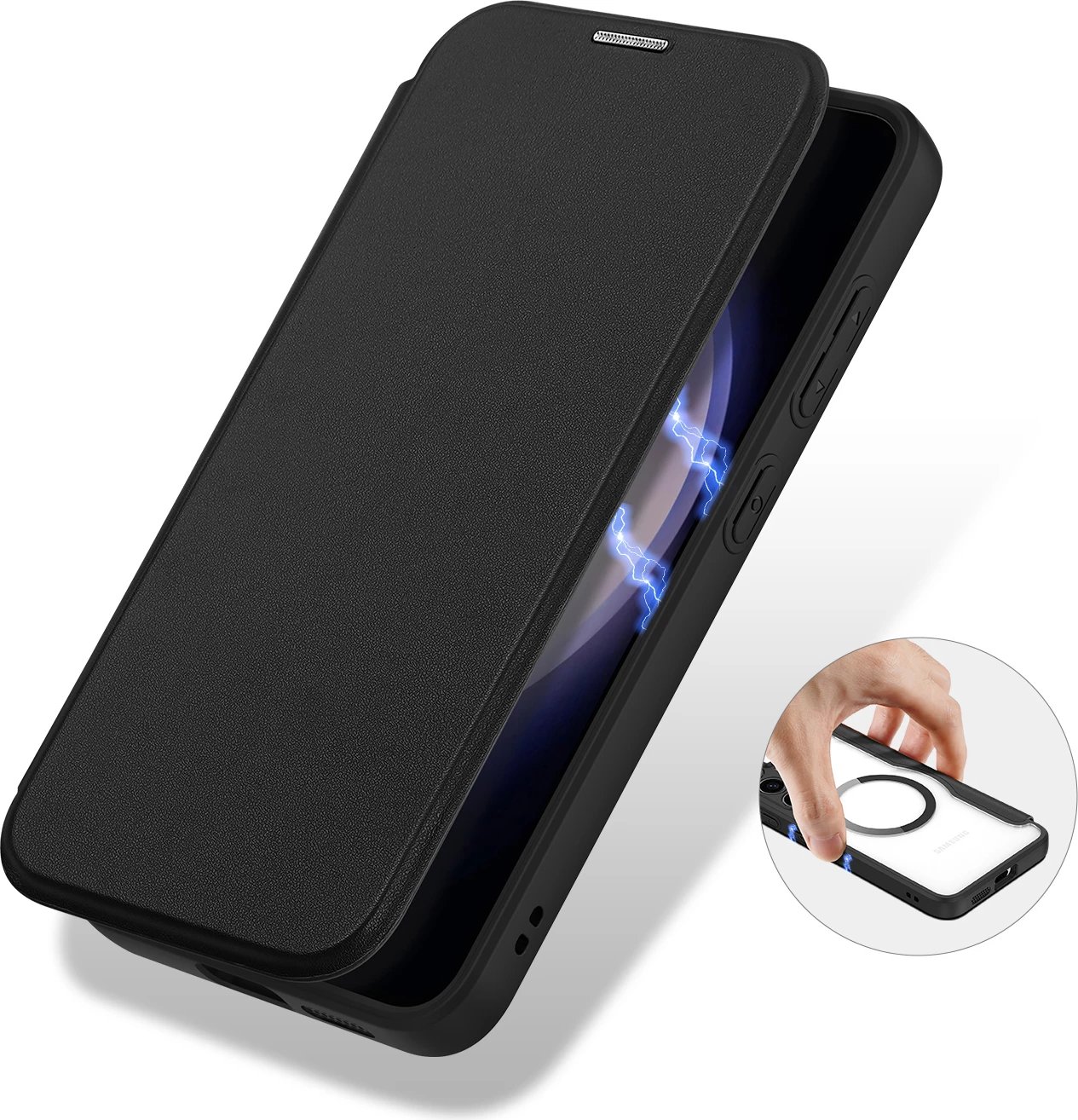 Mbështjellës Dux Ducis Skin X Pro për Samsung Galaxy S24, me unazë magnetike dhe kapak, i zi