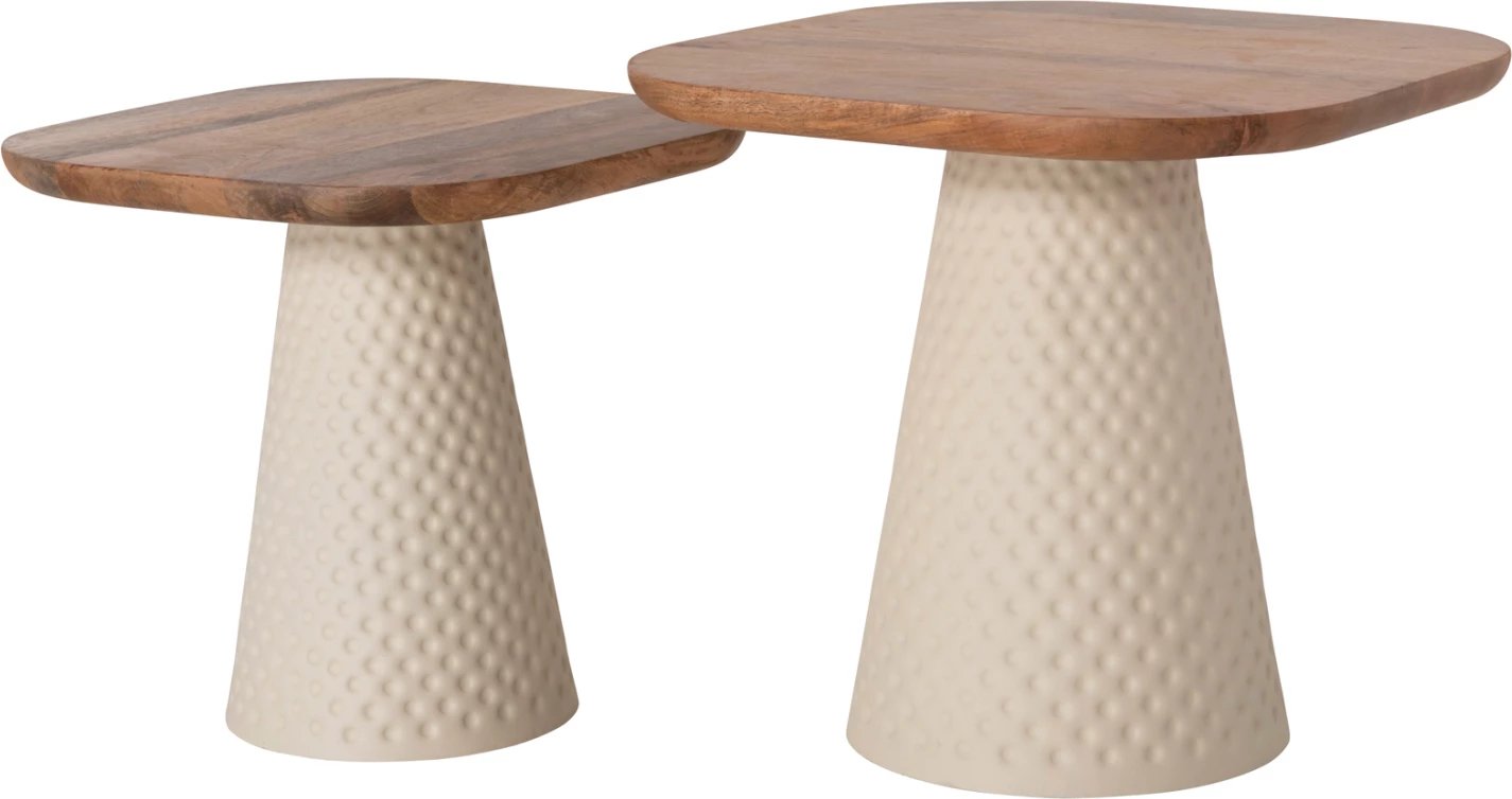 Tavolina kafeje 2 copë GOLFER, bazë metalike, ngjyrë fildishi, sipërfaqe mango katrore