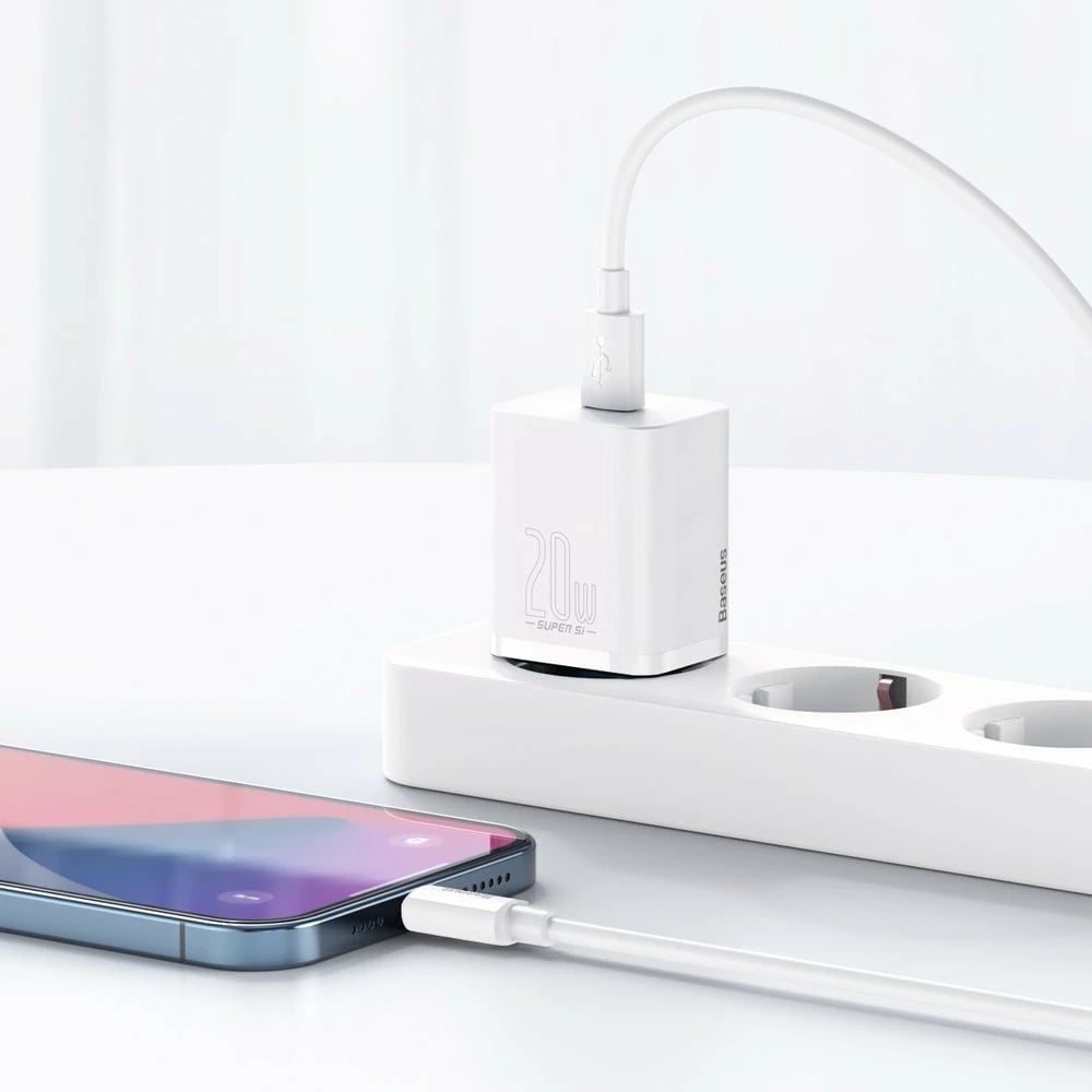 Karikues muri Baseus Super Si 1C me kabllo USB-C në Lightning 1m, 20W, Bardhë